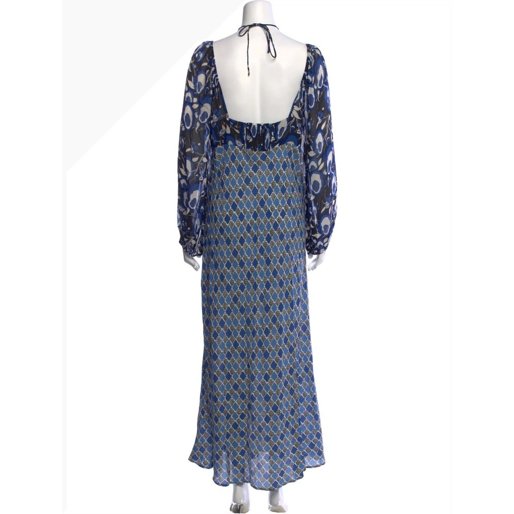 Rixo Jeanie Blue Mixed Print Maxi Dress US 12 Sheer Chiffon Bias Cut Low Back - Picture 4 of 7